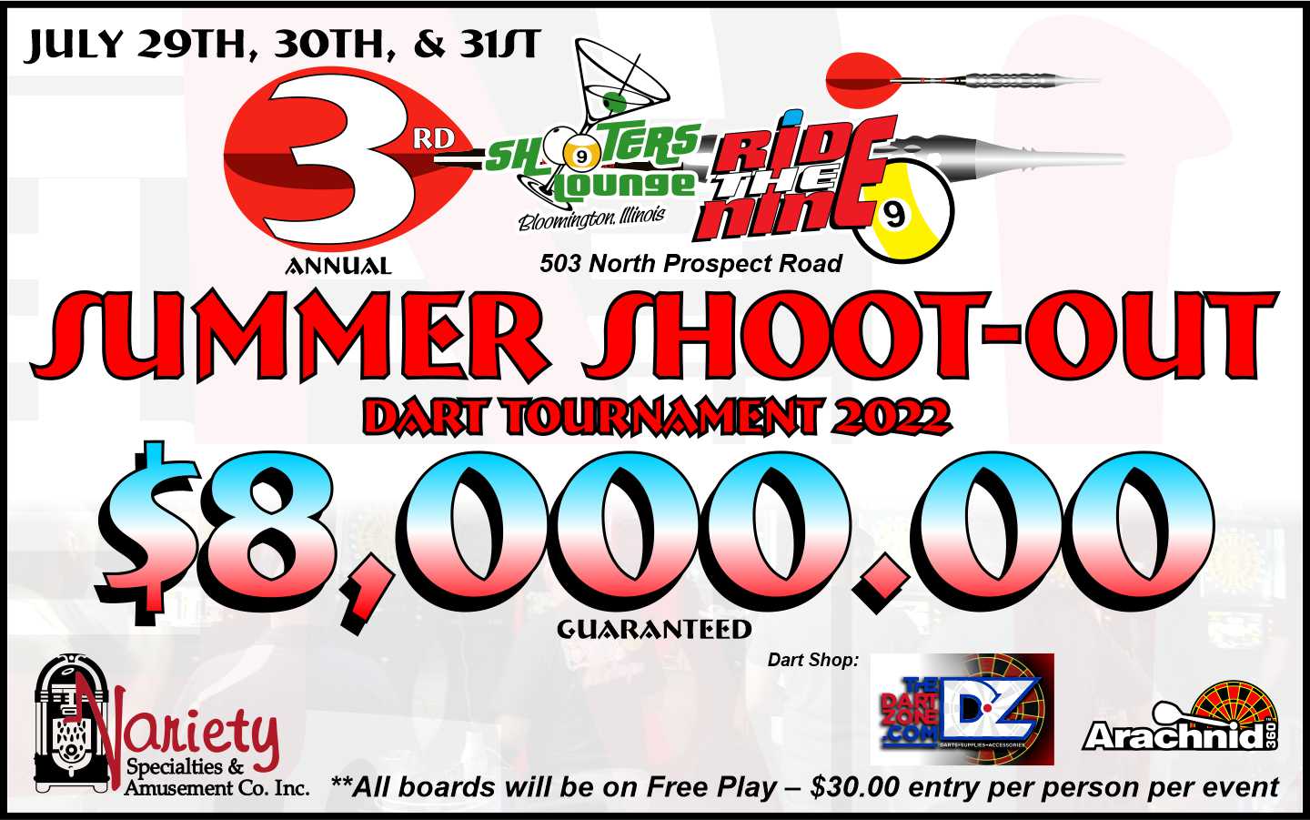 3rd annual summer shoot-out dart tournament flyer